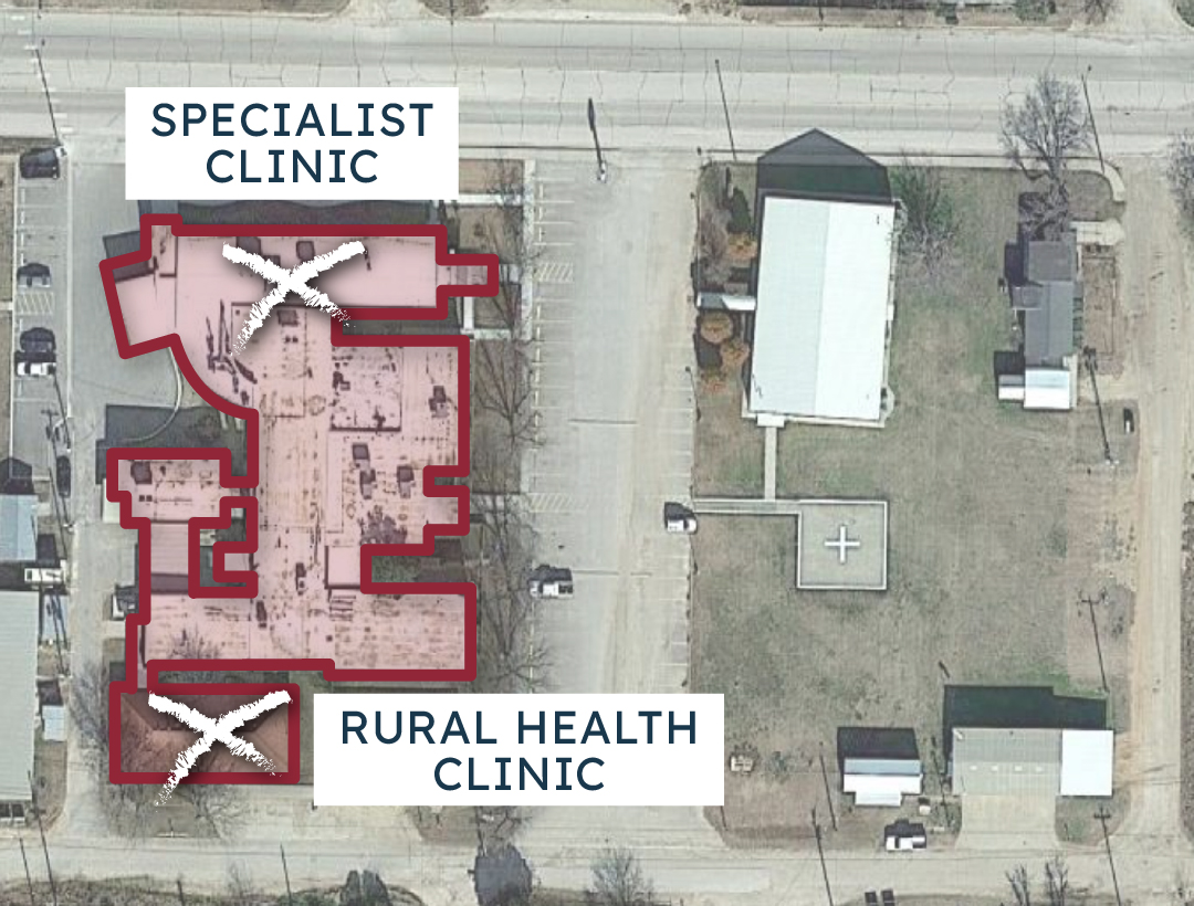 aerial view looking down at Haskell Memorial Hospital's Specialist Clinic and Rural Health Clinic