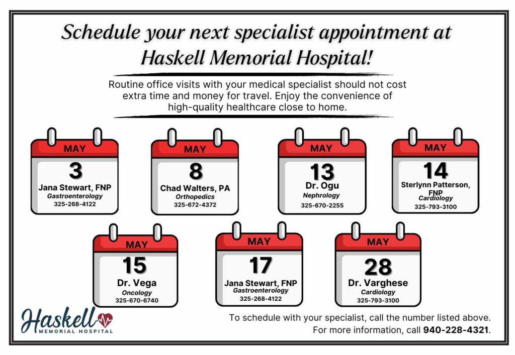 Haskell Memorial Hospital Specialist Clinic Calendar