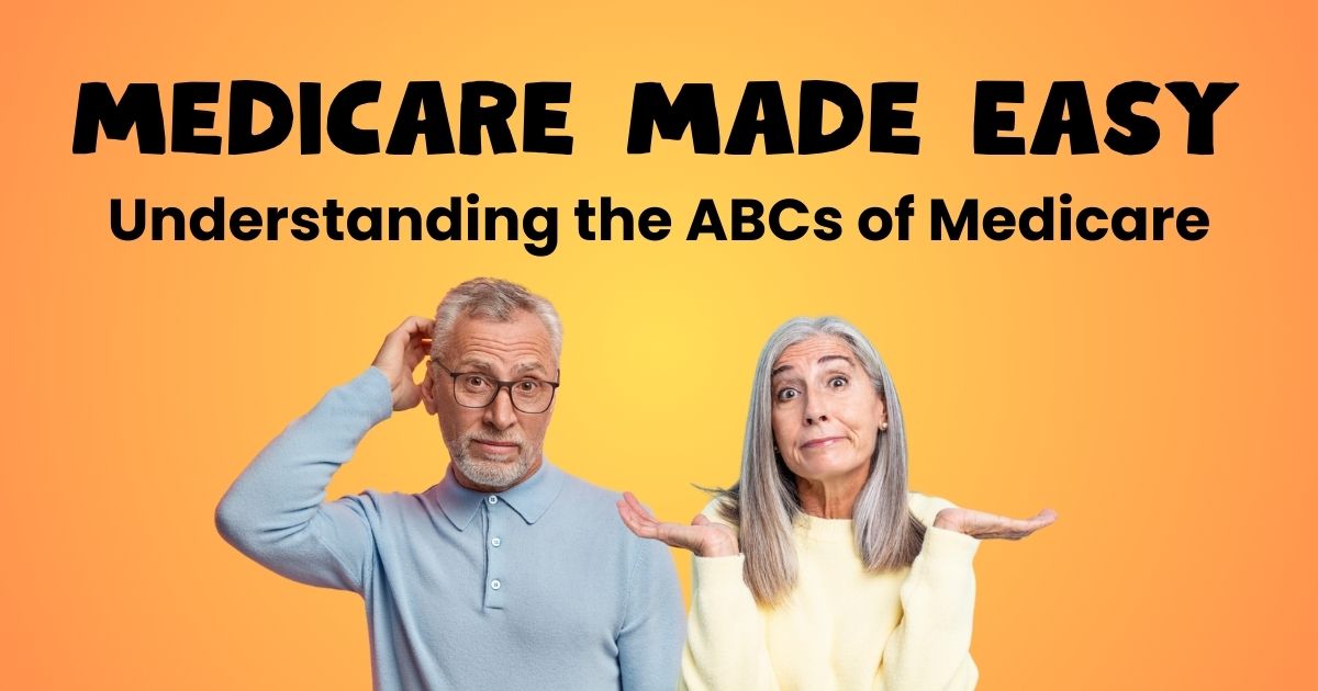 The photo portrays an older couple expressing confusion and says, "Medicare Made Easy: Understanding the ABCs of Medicare."