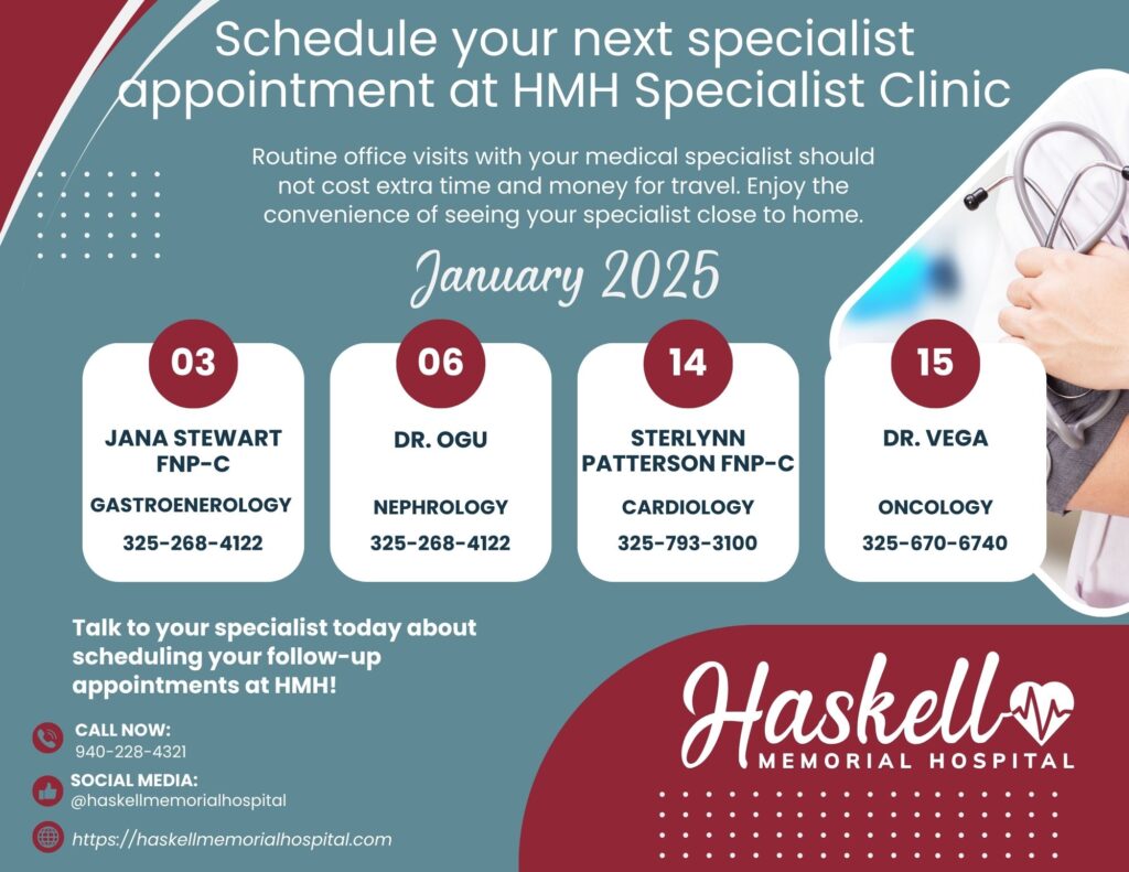 This graphic contains the calendar for HMH Specialist Clinic